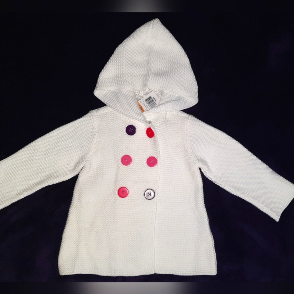 NWT 12mo First Impressions Knitted Double breasted Hooded White SWEATER …